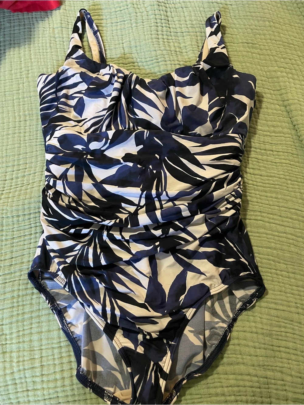 Lands' End Slender Suit Grecian One Piece Swimsuit Navy White Leaf Plus Size 14W